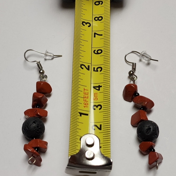 Handmade stone chip and lava bead dangle earrings using red jasper chips. - Picture 2 of 2